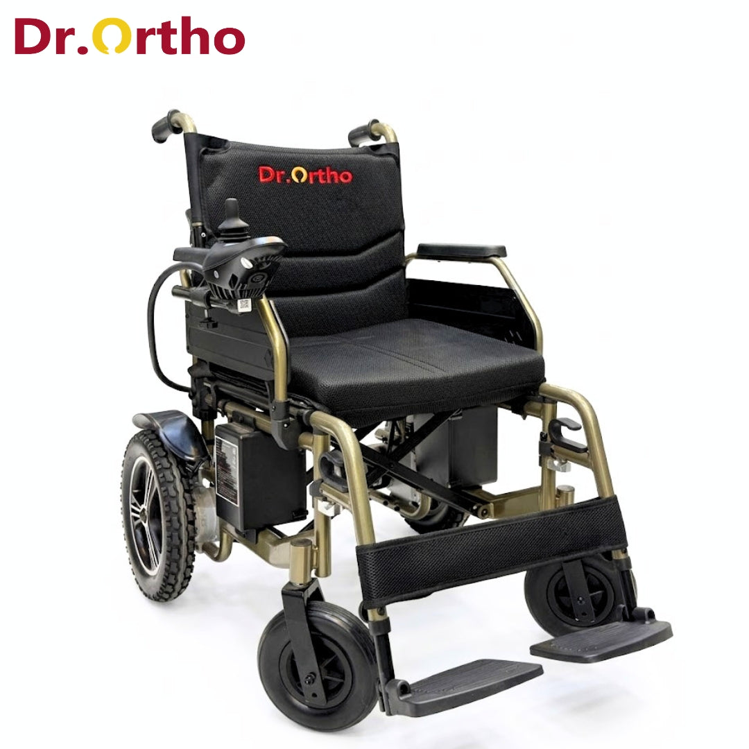 كرسي متحرك كهربائي Dr.Ortho DY-01 شديد التحمل، يعمل ببطاريتين جانبيتين، قابل للطي وخفيف الوزن، مزود بعصا تحكم 360 درجة، يتحمل وزنًا يصل إلى 120 كجم