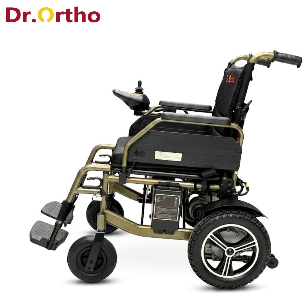 كرسي متحرك كهربائي Dr.Ortho DY-01 شديد التحمل، يعمل ببطاريتين جانبيتين، قابل للطي وخفيف الوزن، مزود بعصا تحكم 360 درجة، يتحمل وزنًا يصل إلى 120 كجم