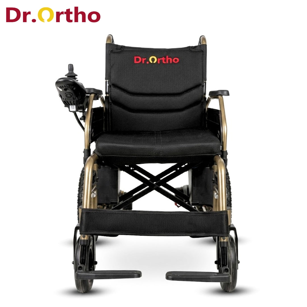 كرسي متحرك كهربائي Dr.Ortho DY-01 شديد التحمل، يعمل ببطاريتين جانبيتين، قابل للطي وخفيف الوزن، مزود بعصا تحكم 360 درجة، يتحمل وزنًا يصل إلى 120 كجم