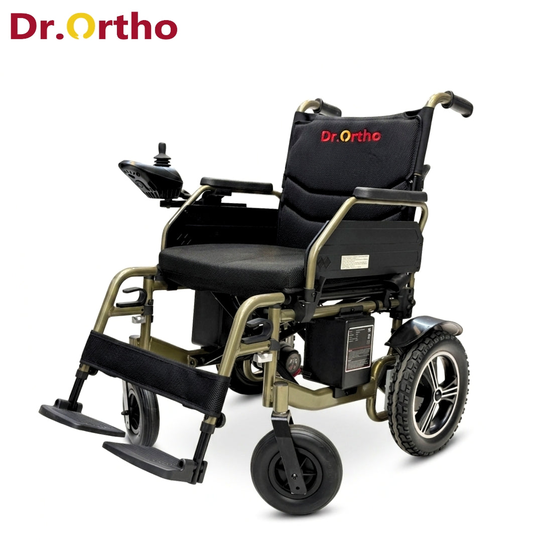 كرسي متحرك كهربائي Dr.Ortho DY-01 شديد التحمل، يعمل ببطاريتين جانبيتين، قابل للطي وخفيف الوزن، مزود بعصا تحكم 360 درجة، يتحمل وزنًا يصل إلى 120 كجم