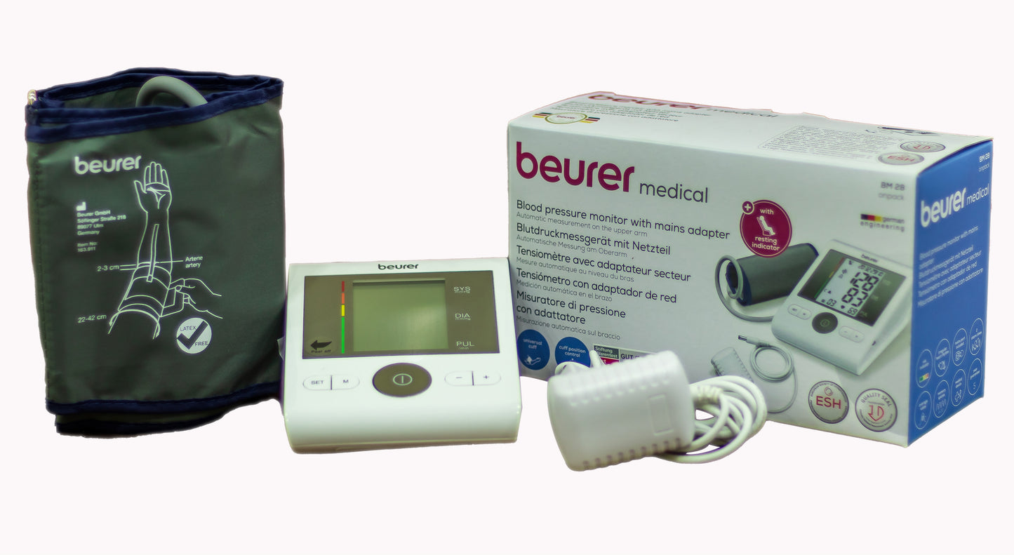 Load image into Gallery viewer, Beurer BM28 Upper Arm Blood Pressure Monitor with Patented Resting Indicator for Accuracy, Cuff Position Assistance and Colour-Coded Risk Indicator - with adapter
